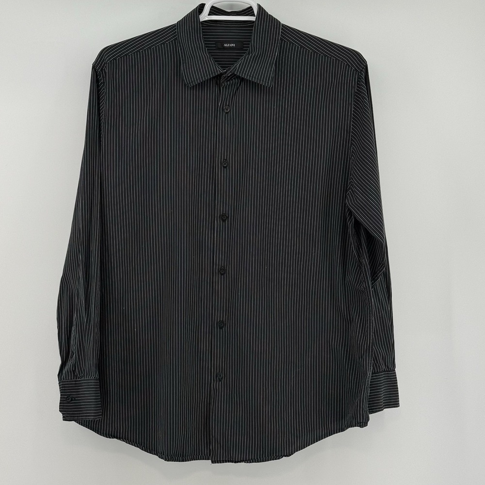 Alfani Mens Large Shirt Black Striped Button Up Long Sleeve Cotton Career
